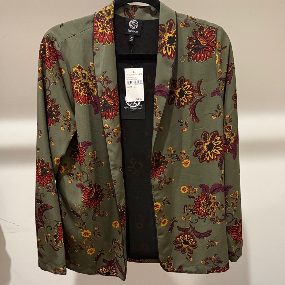 Bobeau Floral Blazer in Olive and Burgundy